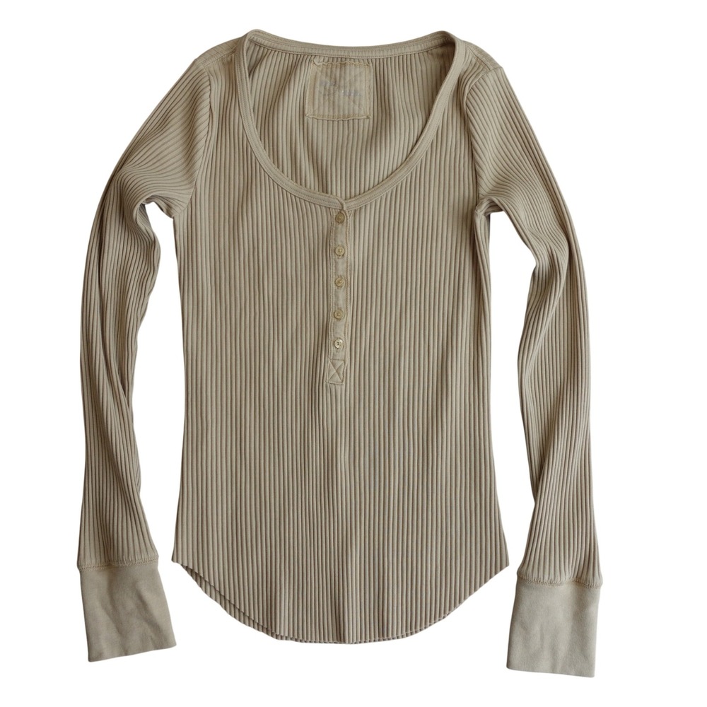Aerie Tan Long‎ Sleeve Ribbed Fitted Henley Shirt Women S 90's Y2K Scoop Neck